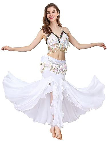 ELLYDOOR Belly Dance Costume Set for Women Belly Dance Crop Top Bra and Hip Scarf Slit Dance Skirt Halloween Outfit