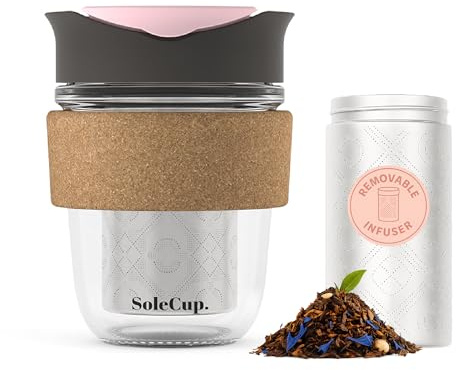SoleCup. Travel Mug Loose Tea Infuser - Detachable Tea Strainer with Spillproof Lid - BPA-Free Reusable Glass Travel Coffee Cup with Cork Band (Grey and Pink, 340ml / 12oz)