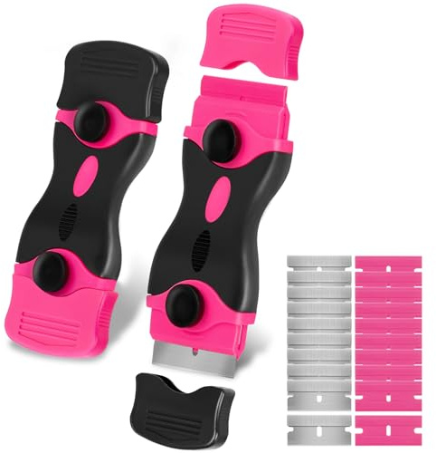 THINKWORK Razor Blade Scraper - Pink Razor Scraper Gift for Women, 2-in-1 Scraper Tool Set with 20Pcs Razor Blades for Removing Window Labels, Decals, Stickers, Glass Stove Top (2 Pack)
