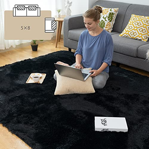 CHOSHOME Alfombra grande mullida, terciopelo, antideslizante, moderna para dormitorio (negro, 150 x 240 cm)