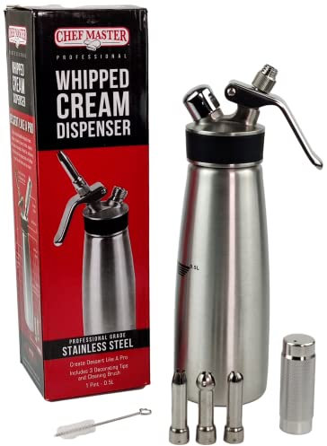Chef-Master 90078 Cream Dispenser, Whipped Cream Dispenser for Waffles, Coffee, Cakes, Chef Grade Whipping Cream Dispenser, Stainless Steel Professional Design, Large 0.5-Liter / 1 Pint