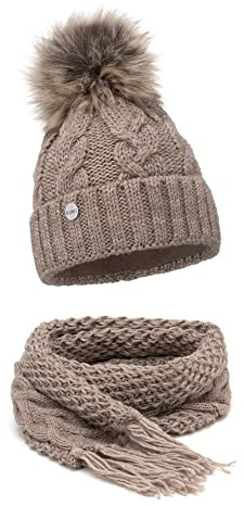 ELIMELI® Winter Mütze Damenmütze mit Fell-Bommel Fleece Innenfutter gefüttert - warme Damen Bommelmütze Strickmütze - Wintermütze mit Kunstfell Bommel - Slouch Strick Beanie Made in EU