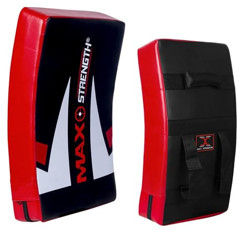 MAXSTRENGTH Kick Shield Curved Strike Pad High Density Foam Lightweight Training Pad 62cm Length 12cm Thick MMA Muay Thai Rugby Boxing Martial Arts Kick Shield Single or Pair (Black/Red (Single))