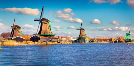 adrium Holz-Bild 100 x 50 cm: Authentische Zaandam-Mühlen am Wasserkanal in Zaanstad. Zaanse Schans Windmühlen und berühmte niederländische Kanäle.(39534694)