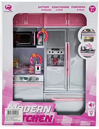 RBN Doll Size Pink Kitchen Cooking Toy Play Set Play House & Accessories with Doll Girls Pretend Play Furniture Appliances with Lights & Sound