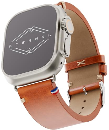 Eternel - Logan Vintage Bracelet mythique - Compatible toutes Apple Watch - 45/46mm - Fait main en France - Tannage végétal - Miel - Adaptateurs titane ultra