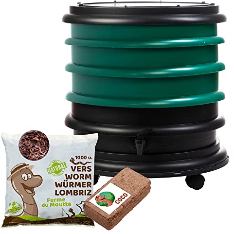 WORMbox | Wormery Worm Farm composter 3 Dark green Trays + 500gr of Compost Worms / 1000 ctn + 1 Coco | 48 liters | Organic Waste Compost, make your Worm Castings