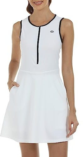 JINSHI Damen Tennis Golf Kleid mit Shorts Schnell-trocken Ärmellos Workout Athletisches Sportkleider mit Taschen Weiß Größe 2XL