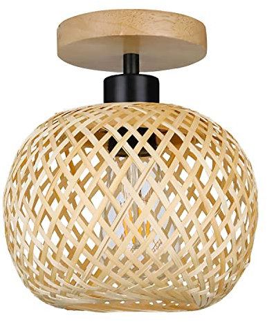 YIKEGE LICHT Vintage Boho Rattan Lampe Deckenleuchte Hängelampe - Bambus Holz Lampenschirm Deckenlampe Badlampe Badezimmerlampe Wandlampe - E27 Deckenleuchten für das Bad Küche Schlafzimmer Flur