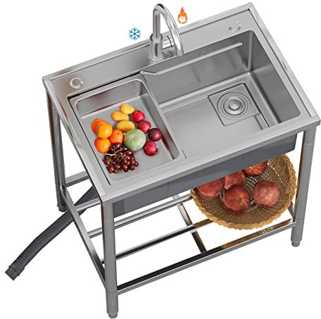Outdoor Sink Single Bowl, Freestanding Stainless Steel Utility Sink, Commercial Kitchen with Hot and Cold Tap for Restaurant, Bar, Laundry, Garage, Backyard (Depth 22cm)