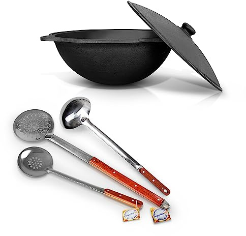 Hierro fundido Kazan 22 L Uzbeko olla espumadera cuchara WOK Plov плов казан Kazan horno de fuego Plov cucharón