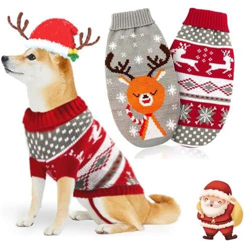SPERMUOY Hundepullover Weihnachten, 2 Stück Strickpullover Welpe, Winter Warmer Weihnachtspullover für Kleine Hunde und Katzen - XL