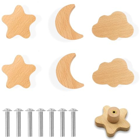HIQE-FL Holz Tür Schubladengriffe,6Pcs Möbelknöpfe,Sterne, Mond, Wolken Holzknöpfe,Holzknöpfe Schrank,Schrankknöpfe Mit Schrauben,Möbelgriff Aus Holz(D)