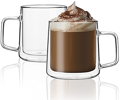 CNGLASS 12oz(355ml) Glass Coffee Mugs,Double Wall Insulated Glass Cups with Handle,Clear Espresso Mugs for Latte,Cappuccino,Tea Bag,Set of 2