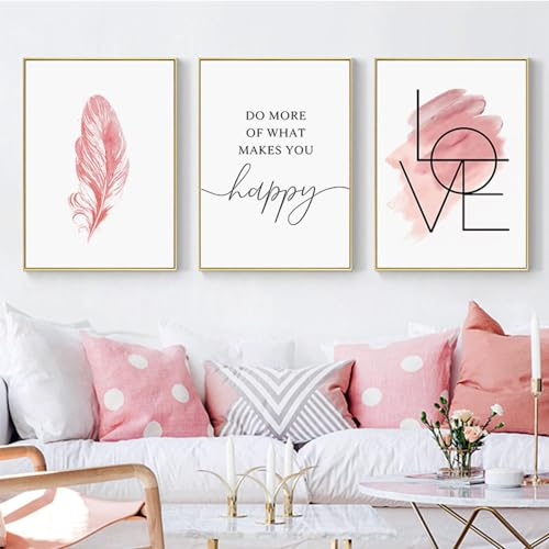 Uixxducc 3er Poster Set Rosa Feder Bilder Moderne Wandbilder, Wohnzimmer Schlafzimmer Deko, ohne Rahmen (30x40cm)