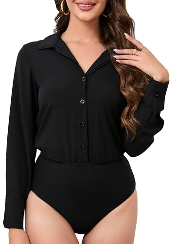 PBQOA Women's Button Down Shirts Black Bodysuit Long Sleeve Blouse Casual Office Work Business One-piece Body Suit,S