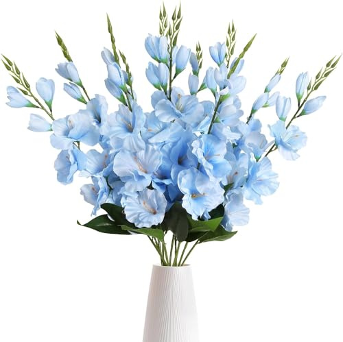 IPOPU Gladiolen, künstliche Blumen, Gladiolen, 76,2 cm, Seidenblumen, langer Stiel, für Zuhause, Hochzeit, Garten, Arrangement, Dekoration, Hellblau, 10 Stück