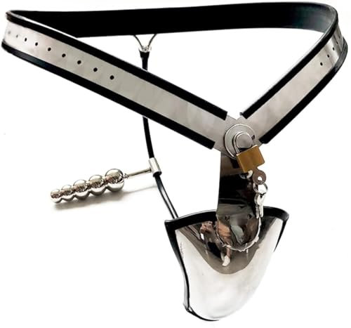 Metall Keuschheitsgürtel Mann mit 5-Kugel Analplug, Edelstahl Peniskäfig Keuschheit Schloss Atmungs Keuschheitskäfig Cock Cage Erwachsene SM Bondage Fetisch Sexspielzeug für Männer(Taille120~126cm)
