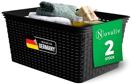 Novaliv 2 Stück Eleganter Aufbewahrungskorb in Rattan-Optik | Schwarz Kunststoff 14L ? Perfekt für Bad & Kleidungsaufbewahrung. Aufbewahrungsbox Badezimmer Körbchen Bad Organizer Korb Ordnungsbox