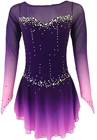 YDHTIZ Eiskunstlauf Wettkampf Kleid Mit Farbverlauf Für Damen Tanztrikot Für Rhythmische Gymnastik Rollschuhrock Mit Langen Ärmeln Eislauf Kostüme Aus Strass Für Mädchen,B,XXL