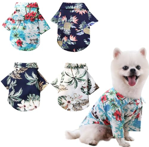 TYXHXTF 4 Pièces Petit Chien, Hawaïenne D'été T-Shirt en Coton Doux Respirant Vêtements, Manches Courtes, Petit Chien et Chat, Chemise pour Chien, Coton Doux et Respirant