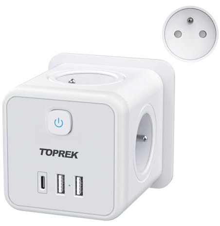 TOPREK 7 en 1 Multiprise Murale USB 4 Prises Française 4000W avec Type-C(20W PD3.0) & 2 Type-A, Chargeur USB Murale Prise Cube avec Interrupteur, Prise Multiple Idéal pour Salon Bureau Chambre, Gris