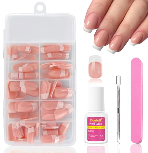 120 Pièces French Faux Ongles Autocollants, Court Carré Français Ongles à Coller Nude Rose Press on Nails avec Colle, Acrylique Couverture Complète Capsules Ongles pour Femmes Filles Nail Art