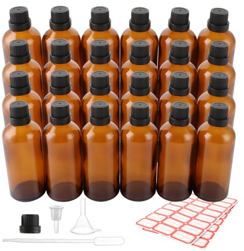 DAJAVE 24 stycken pipettflaskor, 100 ml brun glasflaska, droppflaska av glas, brun apoteksflaska med droppflaska, små glasflaskor med skruvlock
