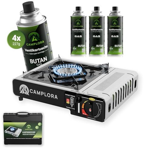 CAMPLORA Hornillo de gas + 4 cartuchos de gas + maletín de transporte con encendido piezoeléctrico – Hornillo de camping 2,2 kW – Incluye apagado de seguridad – Hornillo de gas Camping Camping Cocina