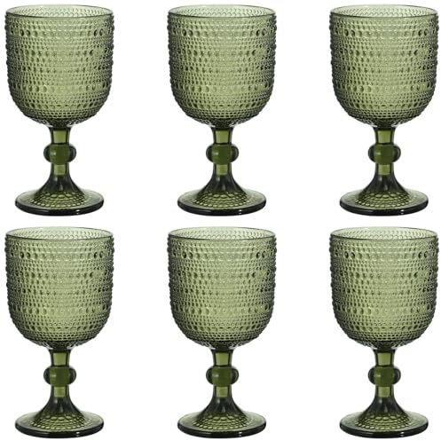 Taganov Glasses Drinking Wine Water Goblets Green Glassware set of 6 Vintage Stem Glasses Stemware 12 Ounces for Wedding Party Bar Twill Pattern Striped 350 ml
