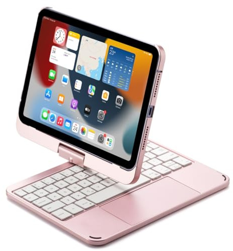 kaidisen Um 360 Grad drehbare Tastatur für iPad, Mini, 6, mini7, A17 Pro 2024, Tastaturhülle mit Touchpad, 7-farbige Hintergrundbeleuchtung, faltbare Tastatur mit Hintergrundbeleuchtung, Roségold