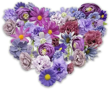 FOSDICK 44 Stück Kunstblumen zum Basteln, Lila Kunstblumen Köpfe, Klein Blumen zum Basteln, Künstliche Blumenköpfe, Artificial Flowers, Blütenköpfe Deko Blumen Künstlich für Torten, Scrapbooking