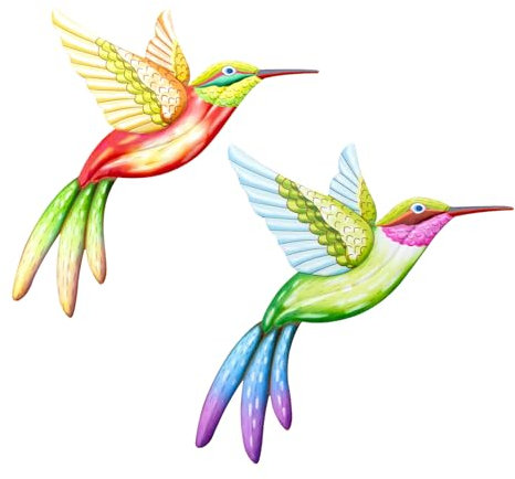 2 Pcs Large Metal Hummingbird Wall Art Decor,Colorful Hummingbird Wall Sculptures,22 * 26cm Big Outdoor Bird Hanging Ornaments Spring Decorations for Garden Patio Yard Home Bedroom Porch Fence