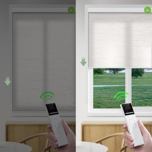 LEXEN Motorized Rechargeable Roller Blinds Customize Size Remote Control Blackout and Semi-Blackout Linen-Style fabrics for Windows, Home, Office, Hotel, Club, Restaurant LF-Linen 2