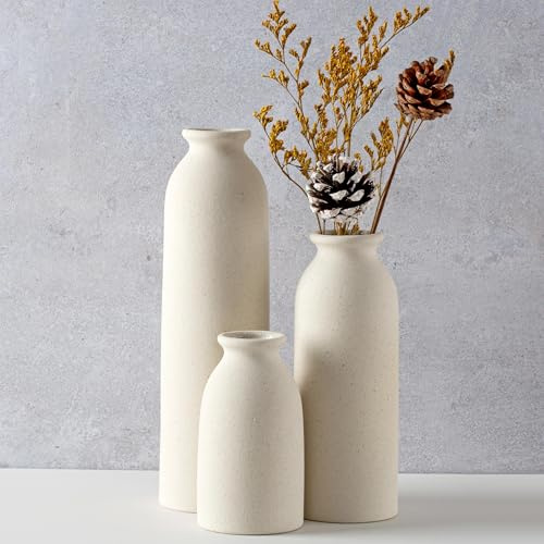 Moderne Keramik Vasen Set, 3-teilig, Dekorative Blumenvasen in unterschiedlichen Größen (Beige)