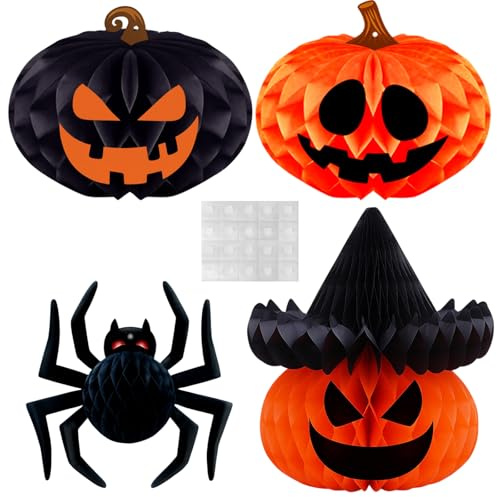 4er Set Wabenpapier Deko, Happy Halloween Deko, Halloween Girlande Set, Party Hängende Dekoration, Decorations Indoor