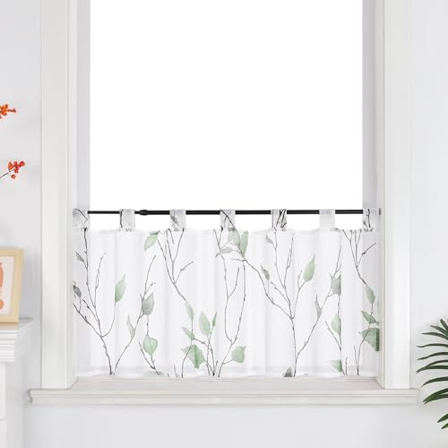ESLIR Scheibengardine Landhaus Bistrogardine mit Schlaufen Küche Gardinen Transparent Vorhänge Weiß Kurzgardine mit Blattdesign Grün HxB 45x120 cm 1 Stück