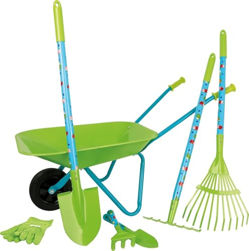 Set grande da giardinaggio in legno e metallo, con carriola, vanga, rastrello ecc., dai 3 anni