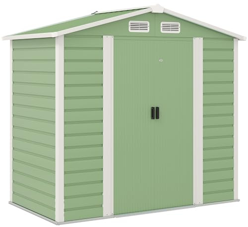 Outsunny Caseta de Jardín Exterior 2,36m² 213x120x194 cm, Cobertizo de Jardín Exterior con Puertas Correderas Dobles, Ventanas, Candado, Base de Refuerzo (Suelo NO Incluido), Verde Claro