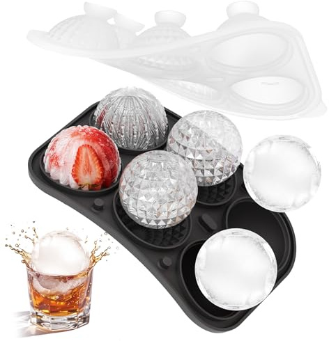 Eiswürfelform Groß-5cm, BPA-Frei Silikon Eiswürfelform 6 Rund / 3 Verschiedene Kugelförmige Ice Cube Tray Eiswürfelbehälter mit Deckel für Cocktail, Whiskey, Saft, Kaffee Eiskugel (Schwarz)