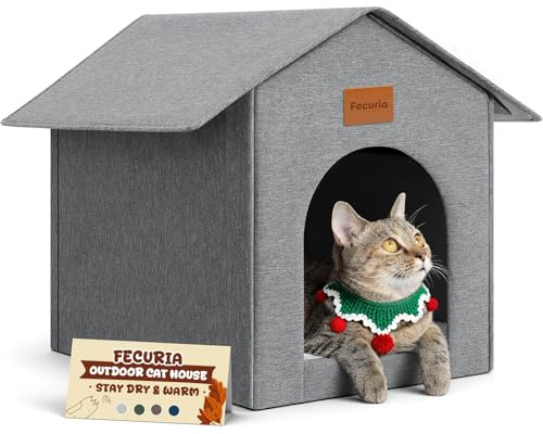 Fecuria Outdoor Cat House Shelter Weatherproof, Grey | Cat Houses bed for Outdoor/Indoor, Waterproof Feral Stray Cat Shelter for All Seasons, Easy to Assemble