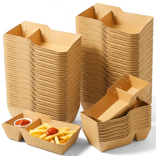 Xaajooio 150 Pcs Disposable Nacho Boat Trays 2 Compartment Paper Food Snack Holder Containers Grease Resistant Heavy Duty Food Trays for Party, Concession Stands, and Movie Nights