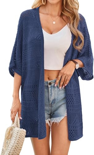 GRACE KARIN Women's Hollow Crochet Summer Cardigan Open Front Batwing Sleeves Boho Kimono Cardigans Loose Fit Knitwear for Vacation