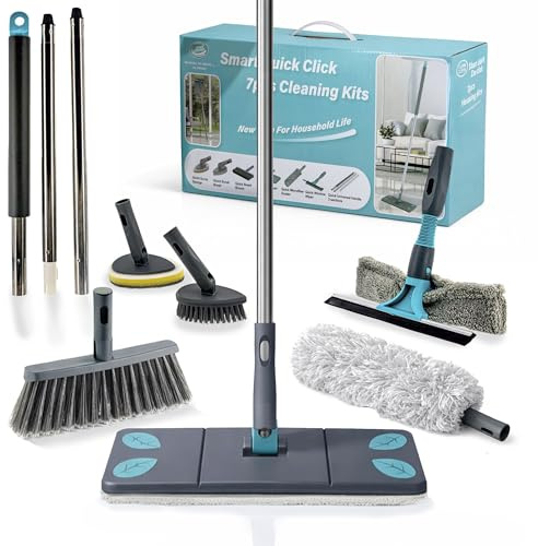 Kit de Limpieza hogar 7 en 1 con Palo Extensible – Escoba, Mopa Microfibra, Plumero Atrapapolvo, Limpiacristales con Rasqueta, Cepillo Baño y Esponja Multiusos para Suelos, Ventanas, Cocina y Baño.