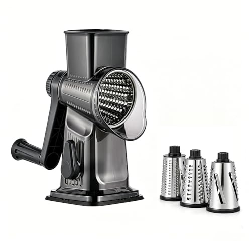 Käsereibe mit Kurbel, 3 Edelstahl Austauschbaren Trommelklingen, Gemüsehobel Schnelles Schneiden Gemüsehobel, ideal als Kartoffelreibe, Nussreibe mit Kurbel, Nussmühle, Mandelmühle (Grau)