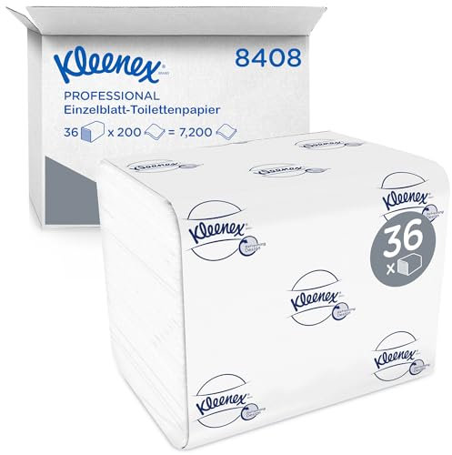 Kleenex Einzelblatt-Toilettenpapier 8408, 2-lagiges Toilettenpapier in Großpackungen, aus FSC-zertifiziertem Papier, 36 Packungen x 200 Blatt (7.200 Blätter)