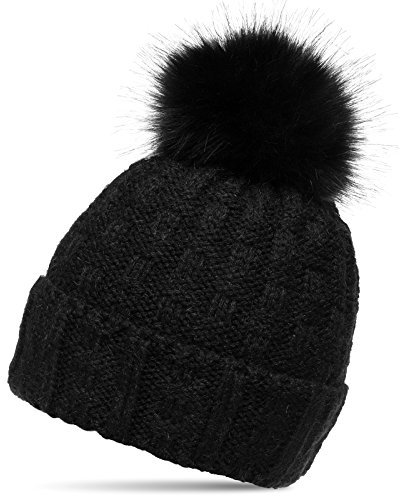 Caspar MU174 Damen Winter Mütze Strickmütze Bommelmütze mit großem Fellbommel, Farbe:schwarz, Größe:One Size