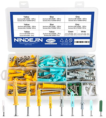 NINDEJIN 482 Stück Erweiterungsschutzwandanker für Selbstbohrschrauben-Set | Edelstahl-Anker für Gipswand, geeignet zur Befestigung von Objekten, Gemälden, Fotobildern und selbstbohrbaren Schrauben