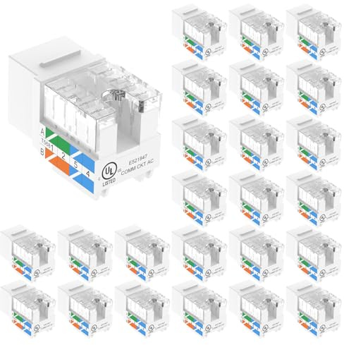 VCE UL Listed 10Gbps Cat6 Keystone Jack Insert 25-Pack, 90 Degree Punch Down RJ45 Keystone Jack Adapter Slim Profile for Patch Panel and Wall Plate