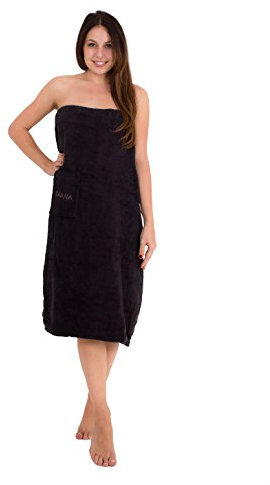Julie Julsen - Kilt da Sauna da Donna, con Bottoni Automatici e Elastico, 100% Cotone, Cotone, Nero, 90 x 150 cm